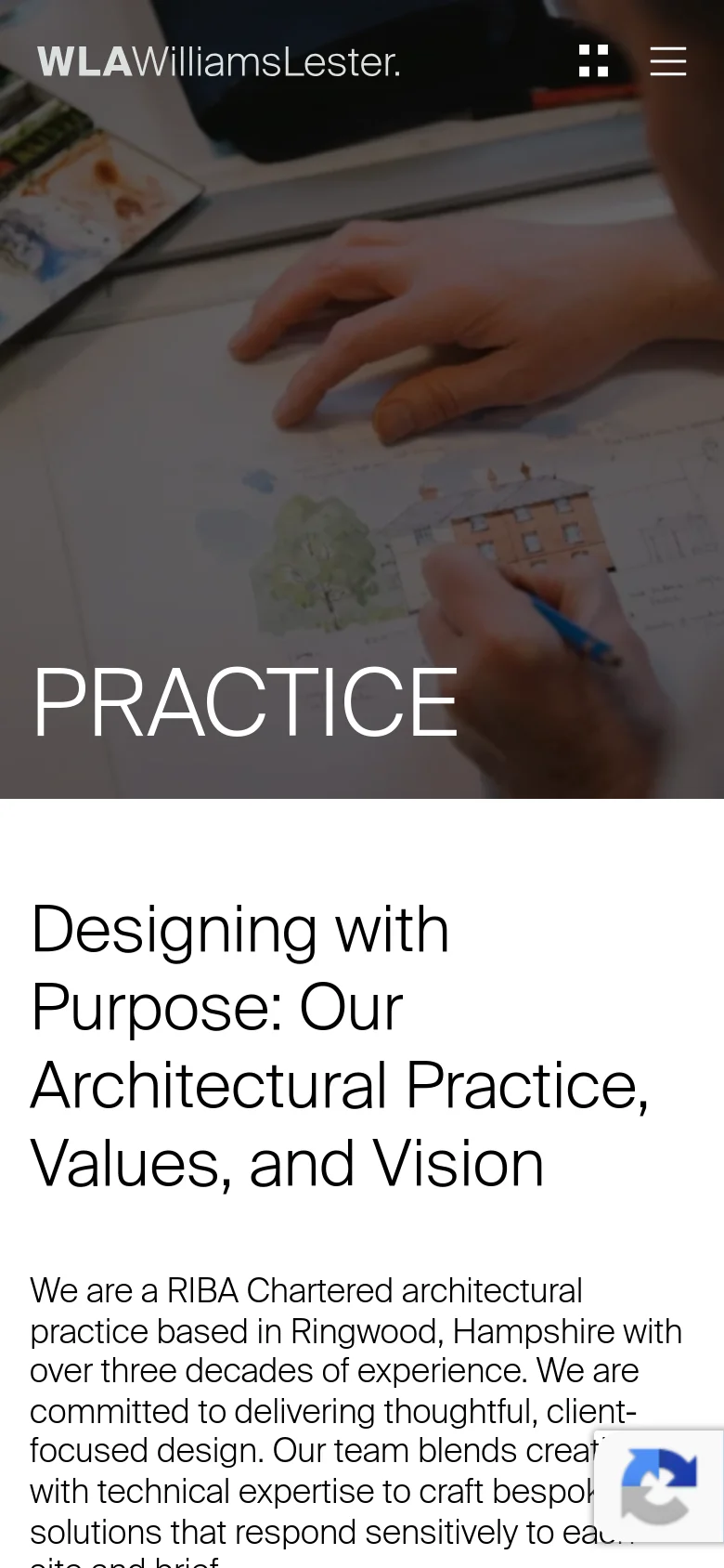 The mobile version presents a vertically stacked layout, starting with a full-width hero image of architectural sketches and the word 'PRACTICE'. The main headline and body text follow below in a single column for easier scrolling. The navigation is condensed, and the primary focus is on the large typography and imagery.