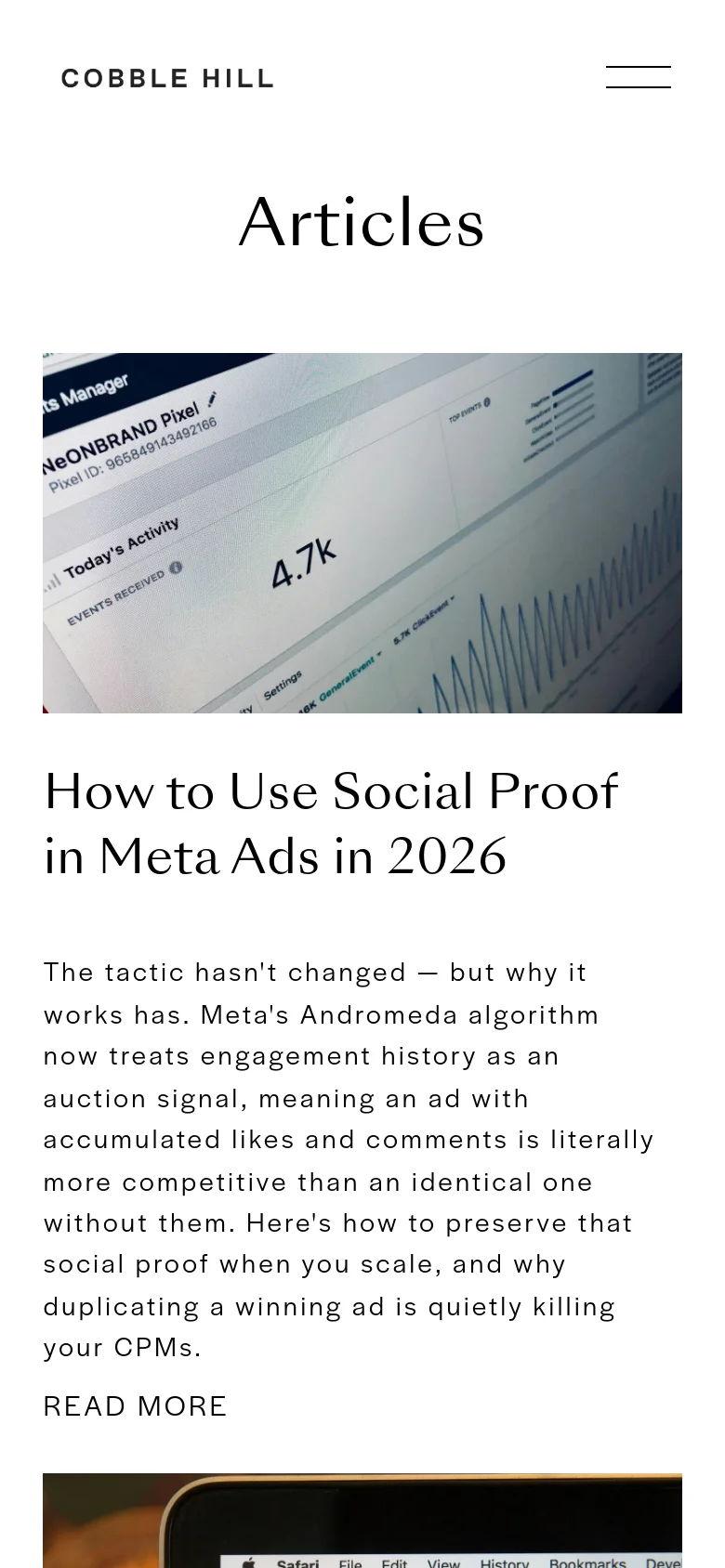 The mobile version simplifies the layout into a single vertical column. The navigation menu is condensed into a hamburger icon, and the article cards stack vertically, displaying the hero image followed by the title and excerpt for easier scrolling.