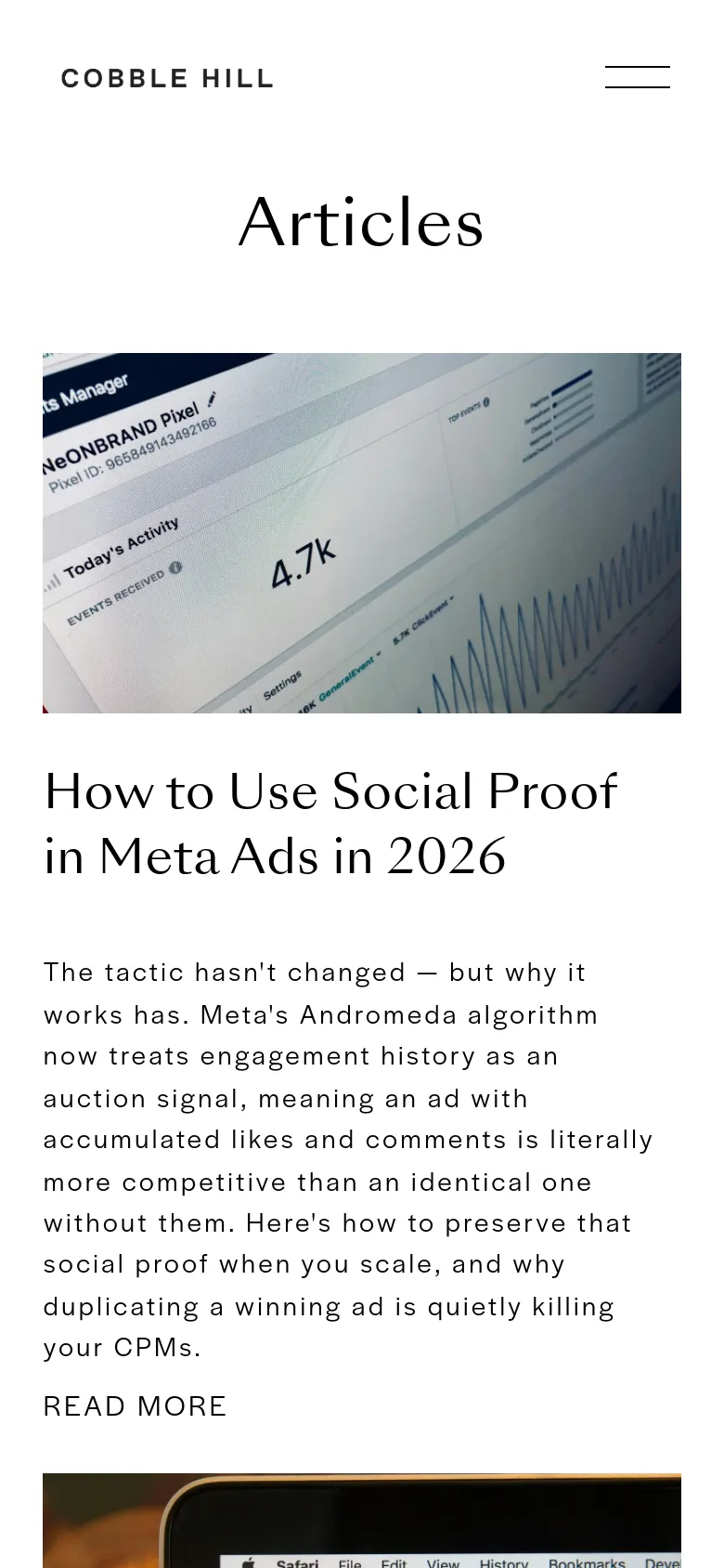 The mobile version simplifies the layout into a single vertical column. The navigation menu is condensed into a hamburger icon, and the article cards stack vertically, displaying the hero image followed by the title and excerpt for easier scrolling.