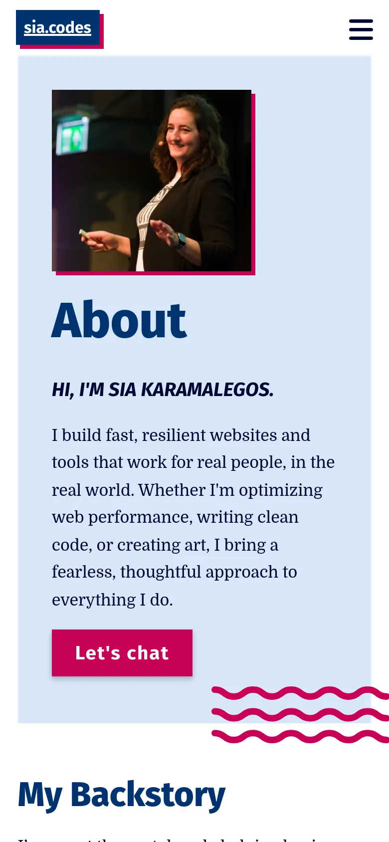 The mobile version simplifies the layout by stacking elements vertically, placing the portrait image above the 'About' heading and introductory text. The 'Let's chat' button is positioned below the text, and the top navigation is replaced by a hamburger menu icon for a cleaner interface.
