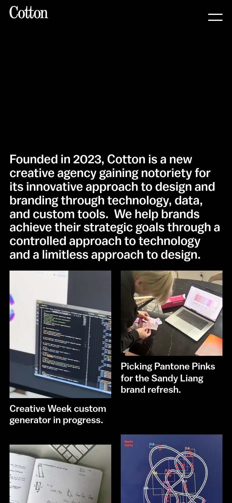 The mobile version maintains the black background and white typography but uses a single-column vertical layout. The navigation is condensed into a hamburger menu icon in the bottom right, and the project images are stacked vertically for easier scrolling on a smaller screen.