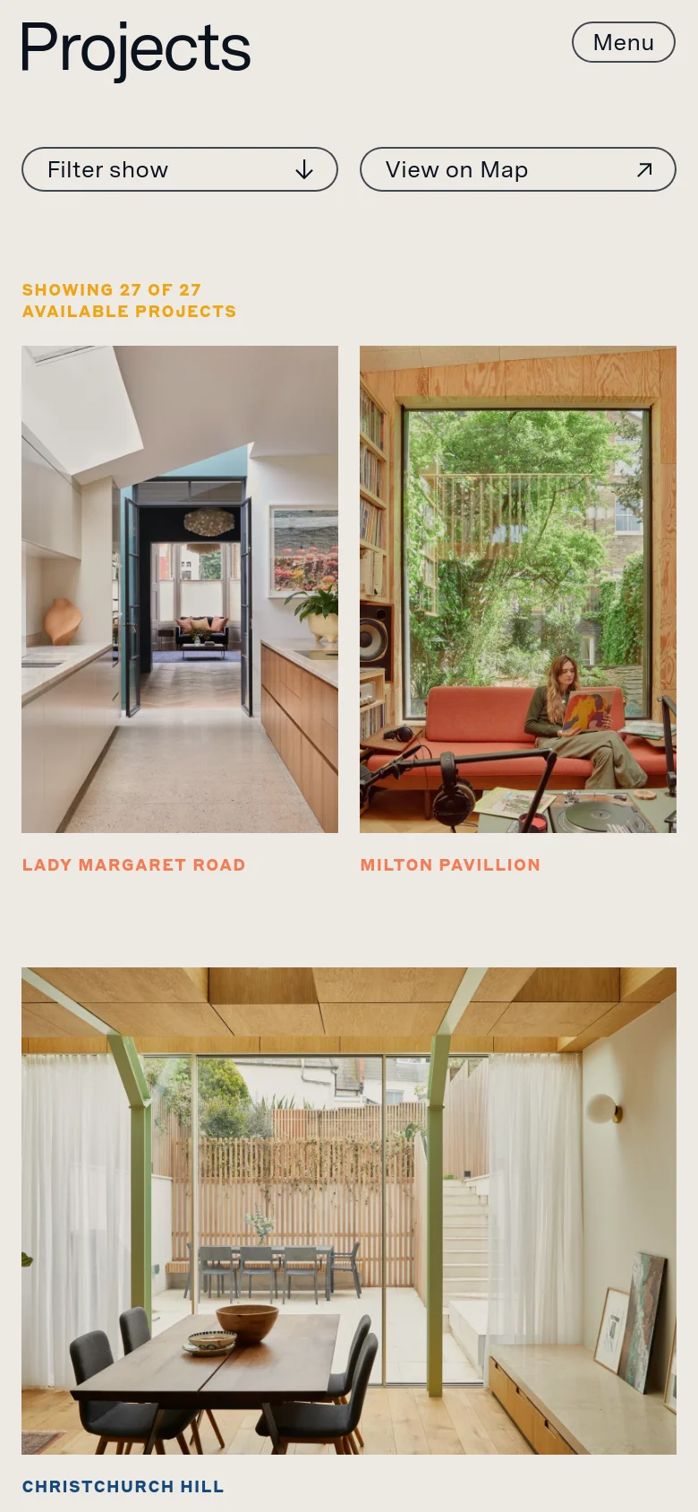 The mobile version maintains the 'Projects' heading and navigation buttons, but the layout shifts to a single-column vertical scroll. The project images and their respective titles, like 'Christchurch Hill', appear stacked one after another to fit the narrower screen width.