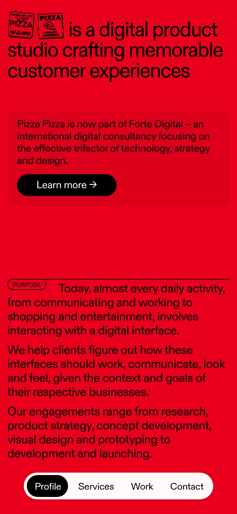 The mobile version maintains the vibrant red background and large black text but uses a vertically stacked layout to accommodate the narrower screen. The hero headline and pizza graphics are centered, and the navigation menu is presented as a prominent white pill-shaped bar at the bottom of the screen.