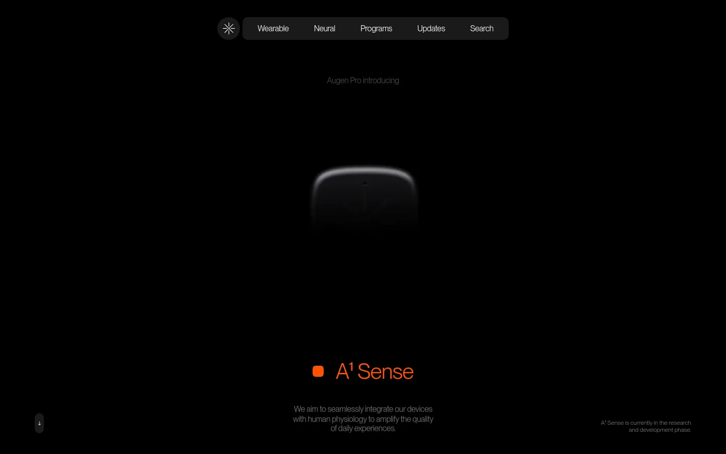 The desktop landing page for A¹ Sense features a dark, minimalist aesthetic with a central hero image of a sleek, glowing smart patch device. The headline 'Augen Pro introducing A¹ Sense' is centered in orange and white text against a black background, accompanied by a brief mission statement. A navigation bar at the top includes links for Wearable, Neural, Programs, Updates, and Search.