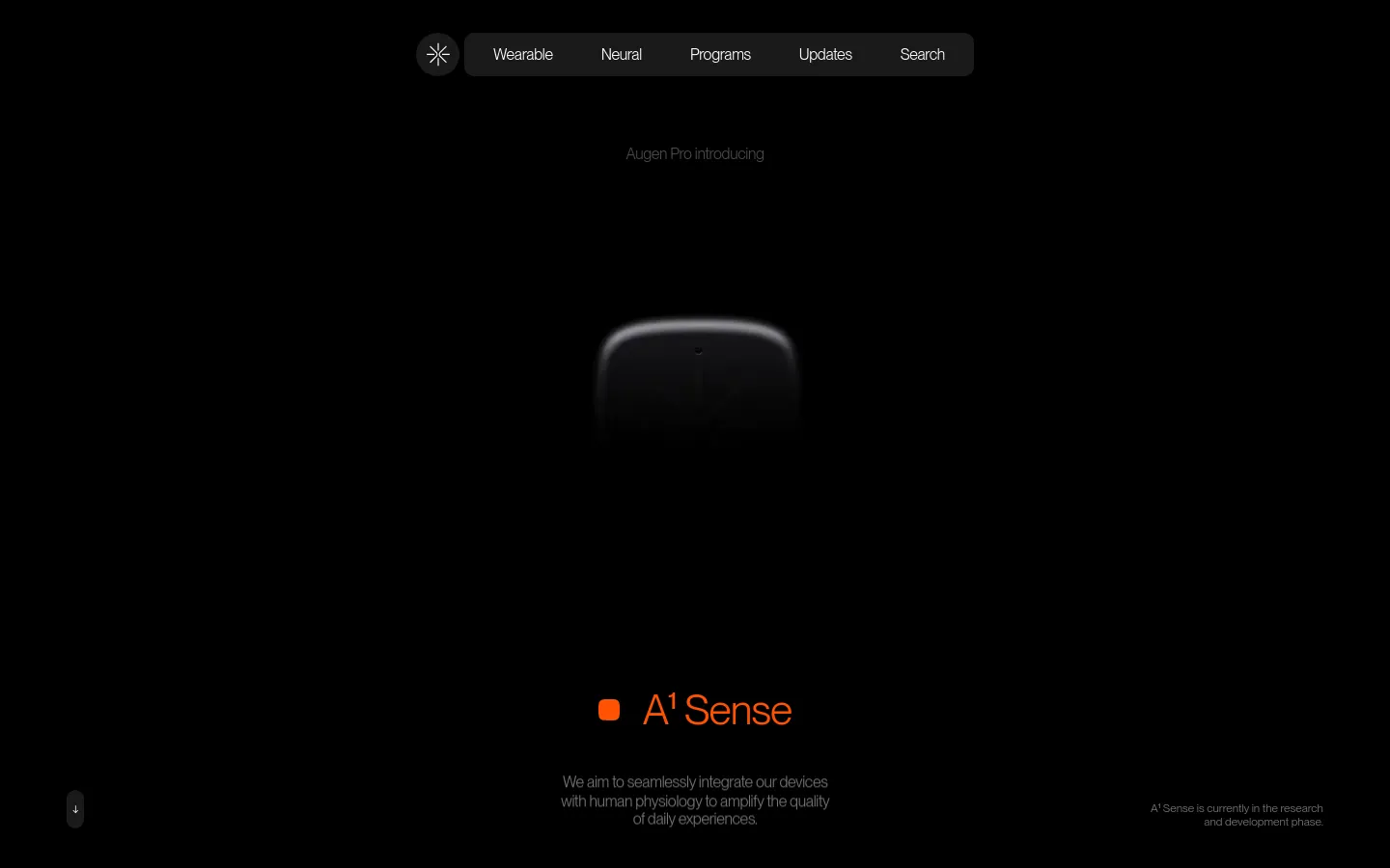 The desktop landing page for A¹ Sense features a dark, minimalist aesthetic with a central hero image of a sleek, glowing smart patch device. The headline 'Augen Pro introducing A¹ Sense' is centered in orange and white text against a black background, accompanied by a brief mission statement. A navigation bar at the top includes links for Wearable, Neural, Programs, Updates, and Search.