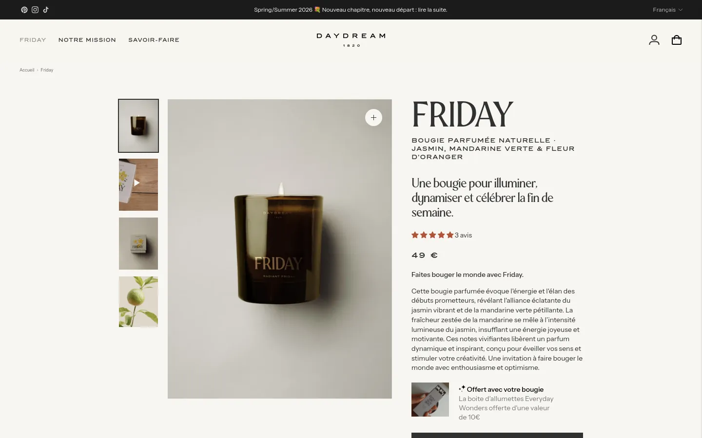 Desktop view of the Friday scented candle product page. A large hero image of a dark glass candle labeled 'FRIDAY' sits on the left, with a vertical column of smaller thumbnail images to its side. On the right, the product name 'FRIDAY' is displayed in large serif font above a description, a 5-star rating, the price of 49 €, and a detailed product text against a clean, off-white background.