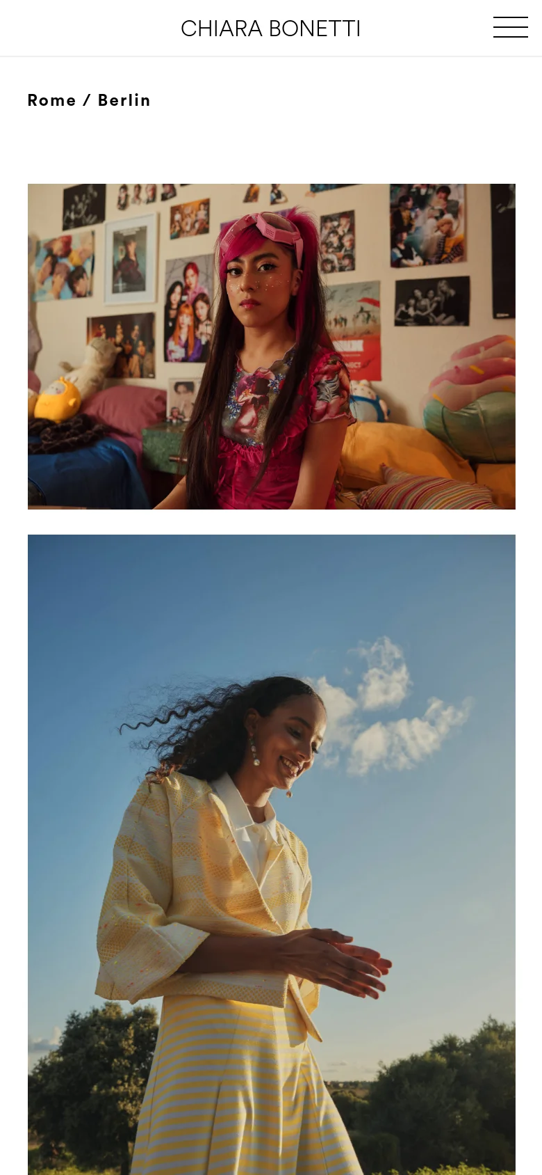 The mobile version presents a simplified, single-column vertical layout of the photography portfolio. The header is condensed with a hamburger menu icon on the right, and the large image tiles are stacked vertically to fit the narrow screen, maintaining the focus on the visual content and the minimalist aesthetic.
