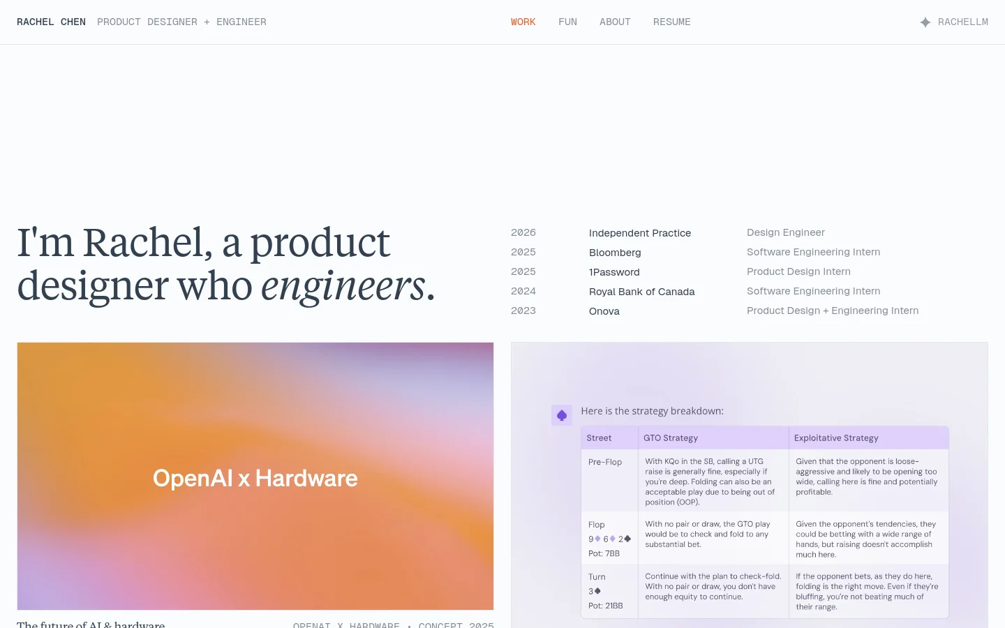 A minimalist personal portfolio website with a clean white background and black typography. The desktop layout features a large headline on the left and a chronological list of professional experience on the right, followed by a grid of project cards with large, colorful gradient preview images.
