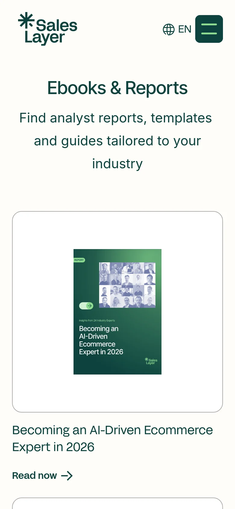 The mobile version simplifies the layout into a single-column view. The navigation is condensed into a hamburger menu icon next to the logo, and the ebook cards are stacked vertically. The main headline and subheadline remain centered, followed by a single large card showcasing the 'Becoming an AI-Driven Ecommerce Expert in 2026' report with a 'Read now' call to action.