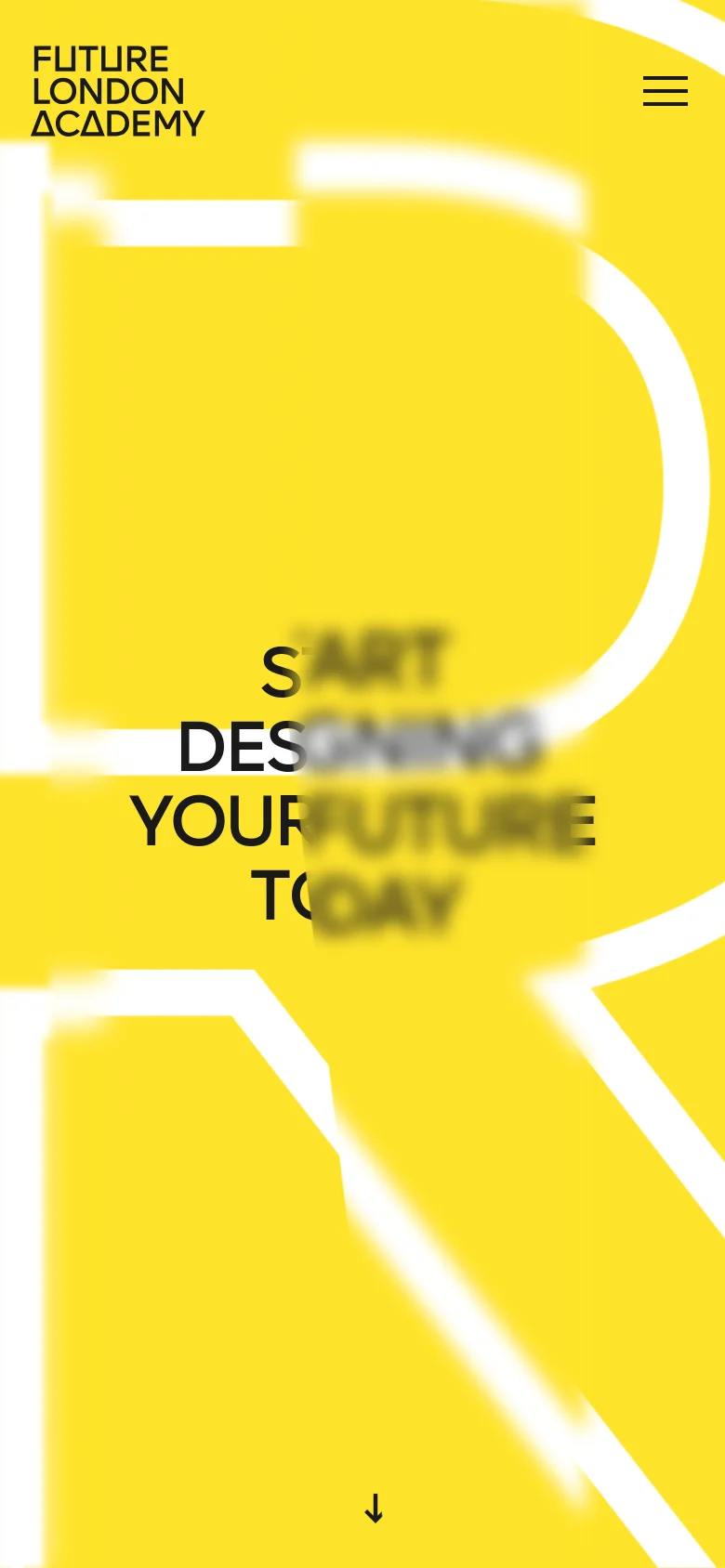 The mobile version maintains the vibrant yellow theme and bold black text, but the layout is vertically compressed. The navigation menu is replaced by a black hamburger icon in the top right, and the large background graphic is partially obscured to fit the narrower screen.