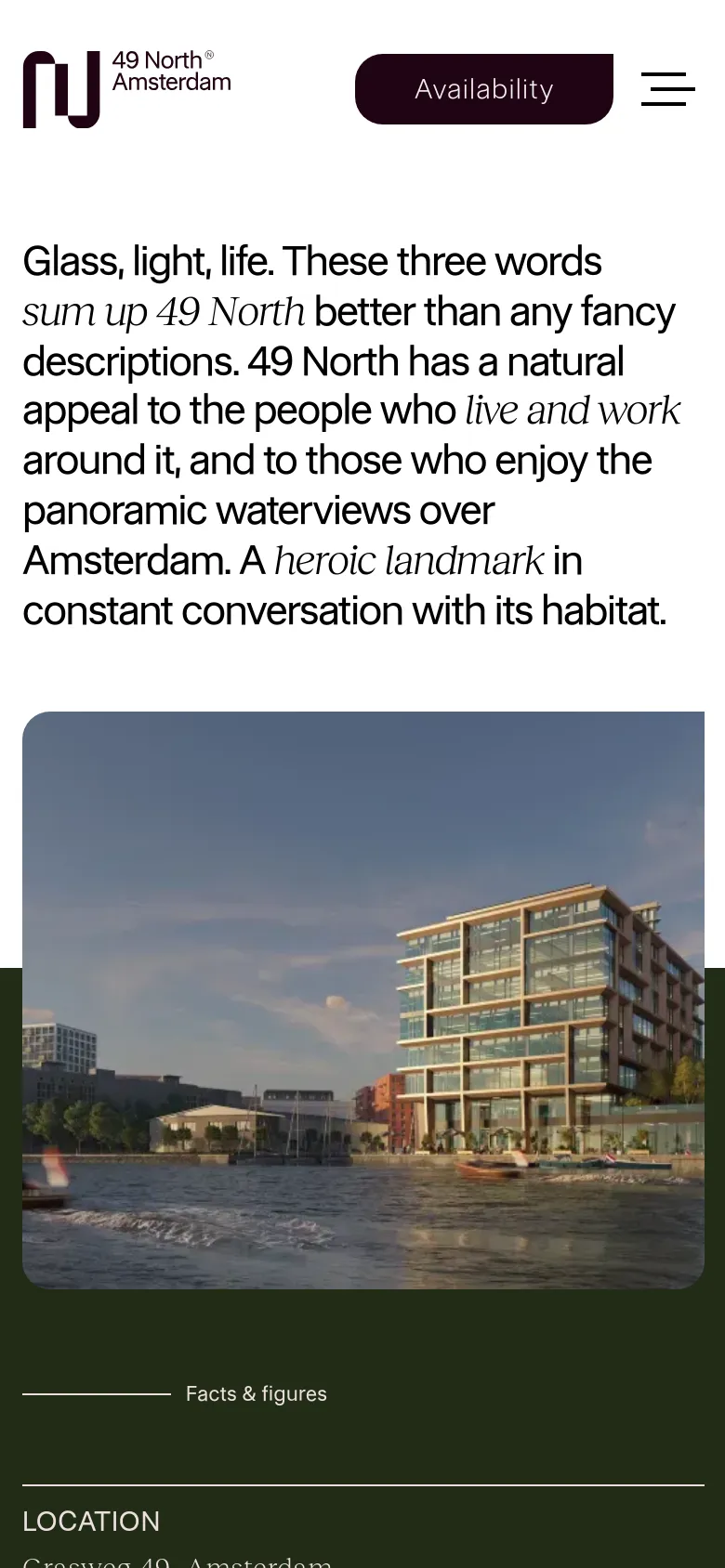 The mobile version maintains the dark green theme and white typography but uses a single-column vertical layout. The hero image and text blocks are scaled to fit the narrow screen, and the navigation menu is condensed into a hamburger icon at the top right.