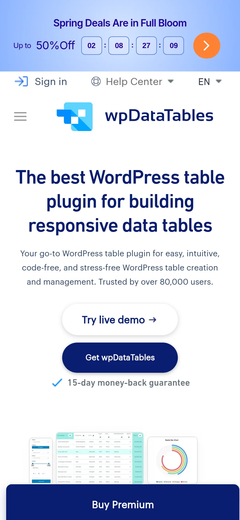 The mobile version uses a single-column vertical layout with the headline and description centered at the top. The primary call-to-action buttons are stacked vertically, and the floating UI graphics are positioned below the main text. A dark blue 'Buy Premium' button remains fixed at the bottom of the screen for easy access.