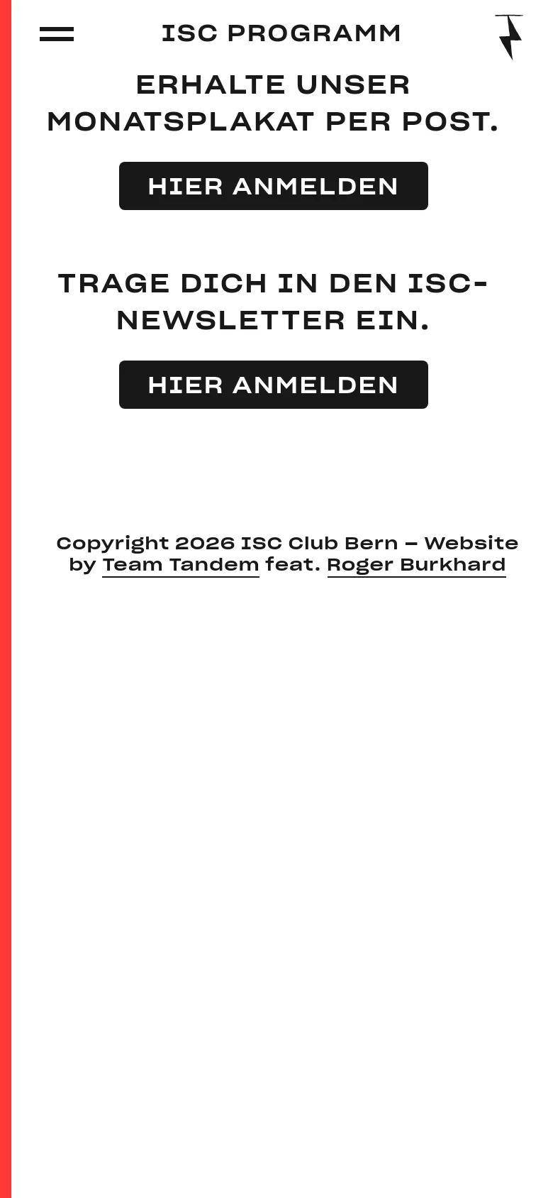 The mobile version maintains the white and red color scheme but transitions to a vertical layout optimized for small screens. The navigation is condensed into a hamburger menu at the top left, and the event list and large call-to-action buttons for the newsletter and monthly poster are stacked vertically for easy scrolling.