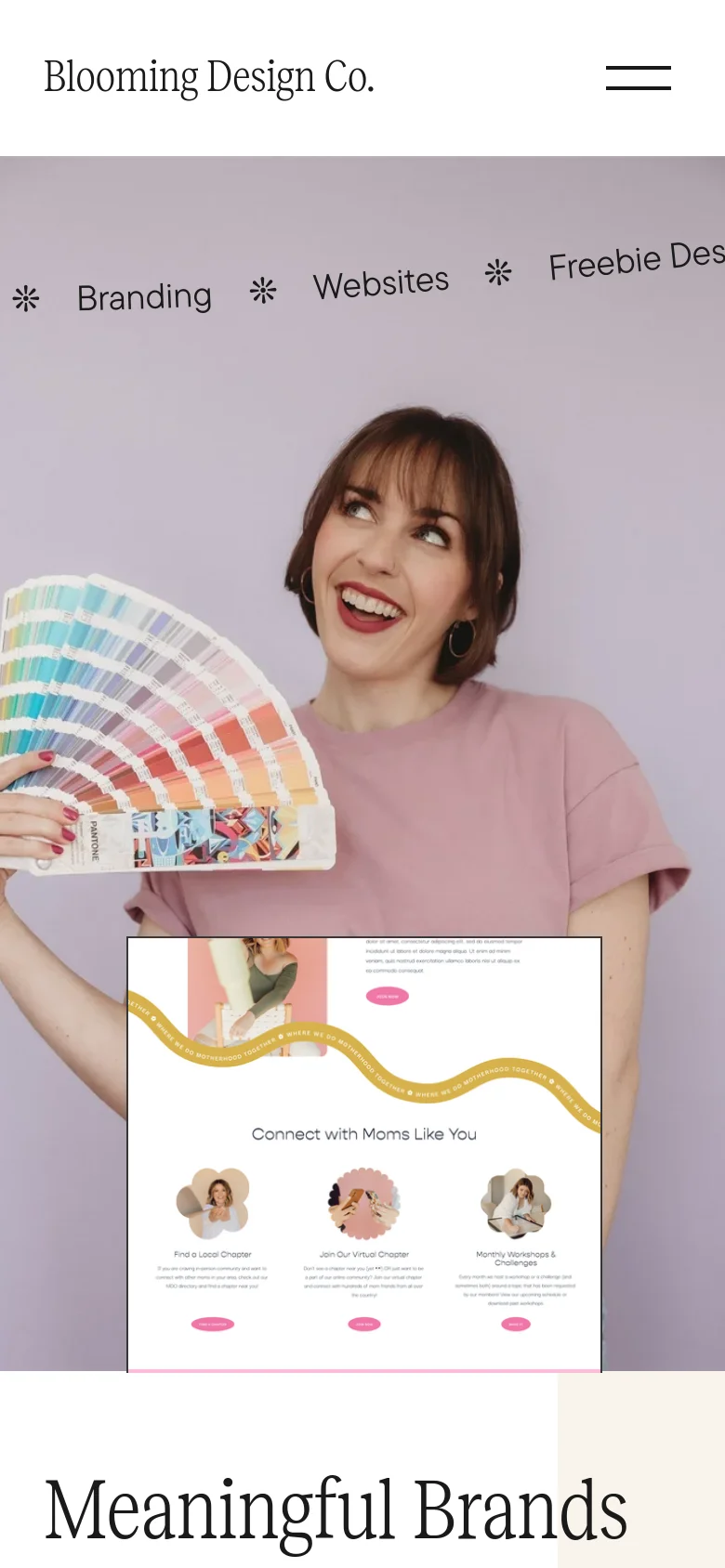 The mobile version uses a vertical layout with the navigation menu collapsed into a hamburger icon. The hero image of a smiling woman holding color swatches is prominent, followed by the main headline and a centered call-to-action button. The service marquee is also visible but condensed for the smaller screen width.