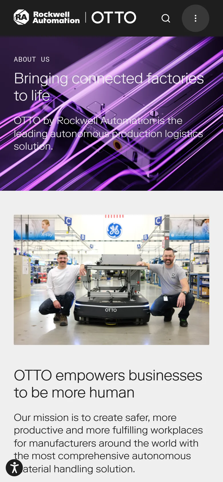 The mobile version presents a vertically stacked layout with the purple flowing lines hero image at the top. The text 'Bringing connected factories to life' and the mission statement are centered below the image, followed by the warehouse photo of employees and the OTTO robot. The header is simplified with a hamburger menu icon and a search icon, maintaining the brand's dark and white color palette.