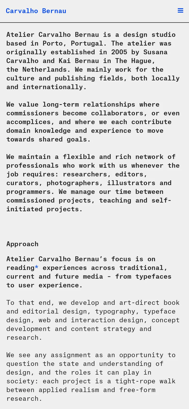 The mobile version simplifies the layout into a single vertical column for easier scrolling. The navigation menu is condensed into a hamburger icon at the top right, and the multi-column text sections from the desktop version are stacked vertically.
