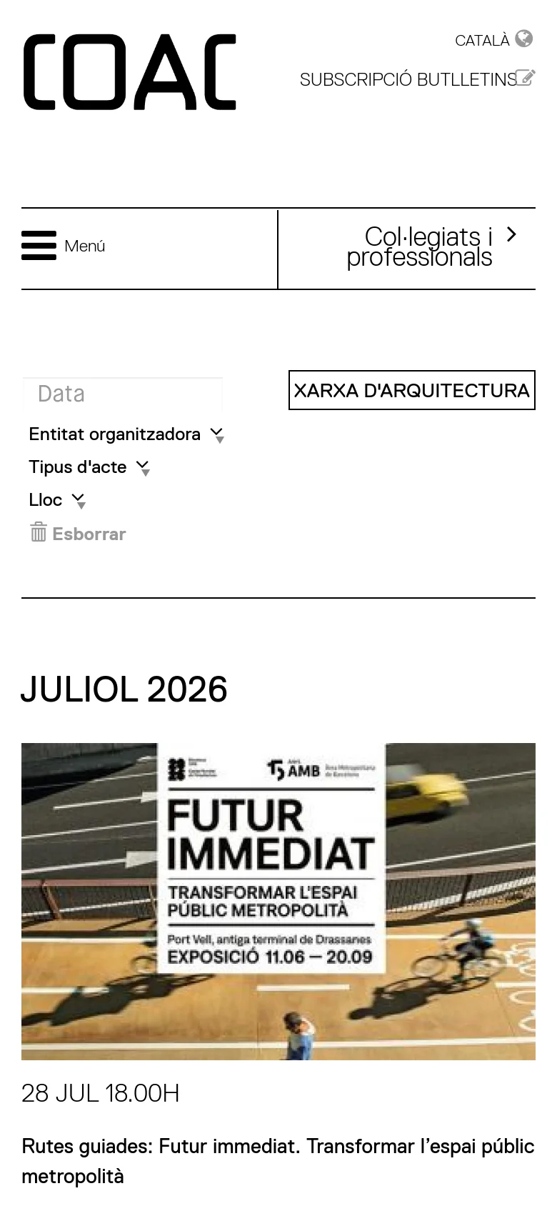 The mobile version features a simplified layout with a large COAC logo and a hamburger menu icon. The event filter options are stacked vertically, and the event grid transitions into a single-column vertical list, showing one large event image and its details per row to optimize vertical scrolling.