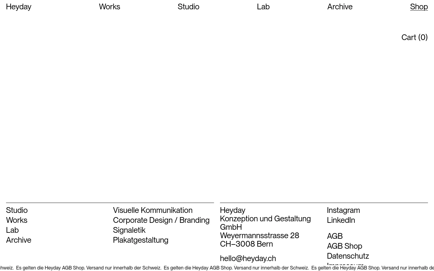 The desktop shop page features a minimalist white layout with a top navigation bar containing links for Works, Studio, Lab, Archive, and Shop, alongside a Cart indicator. A grid of product listings displays various posters and books with titles, colors, and prices. The footer contains organized columns of site links, company contact information for Heyday in Bern, and social media links.