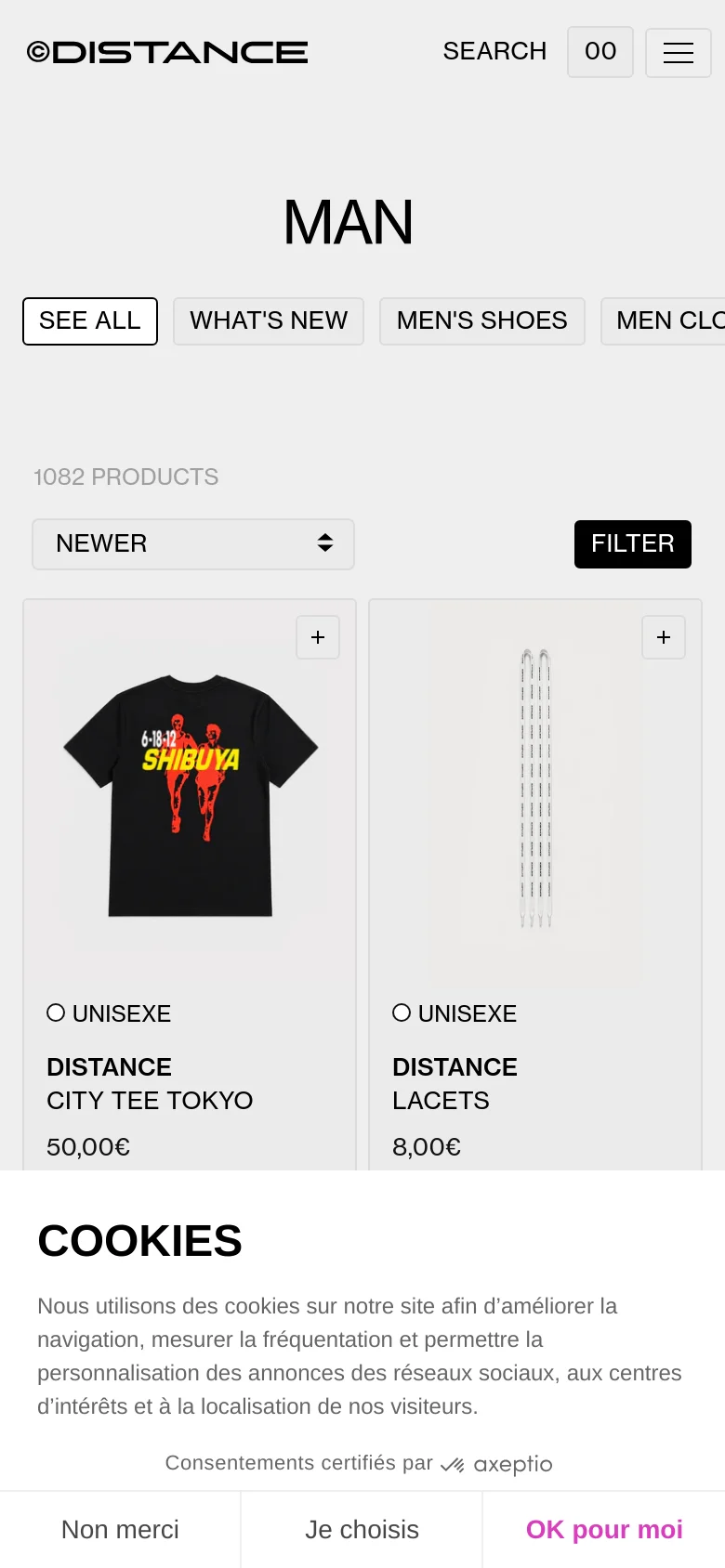 The mobile version features a simplified layout with a large 'MAN' heading and a vertically stacked menu of category buttons. The product grid is condensed into a single column, showing large product images, titles, and prices, while a cookie consent banner covers the bottom of the screen.