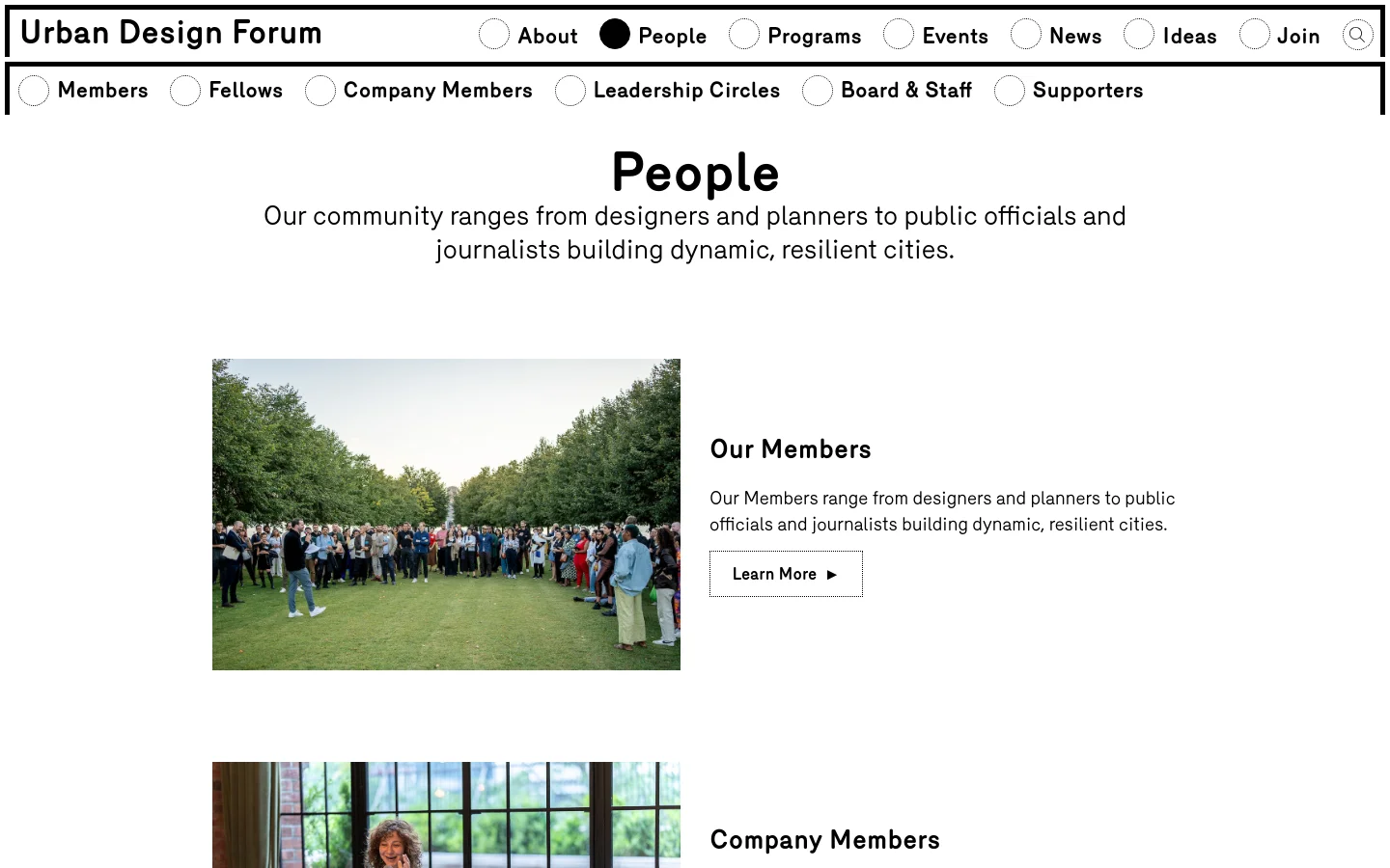 The desktop page features a clean white layout with the 'People' headline and a subheadline centered at the top. Below, a grid of sections includes large photographic images paired with headings like 'Our Members' and 'Company Members,' each accompanied by descriptive text and a 'Learn More' call-to-action button. The navigation menu at the top contains several circular icons and links for site sections.