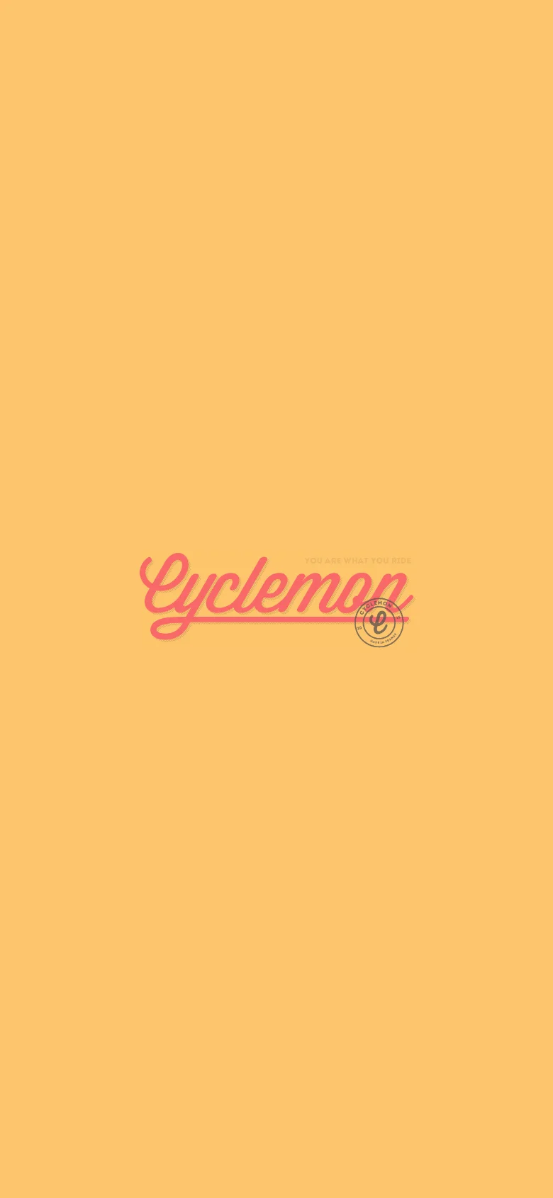 The mobile version maintains the minimalist warm yellow background and centered pink 'Cyclemon' script logo with its tagline and emblem. The layout is simplified into a single vertical column, removing the top navigation links and the side dot indicators seen on the desktop version.