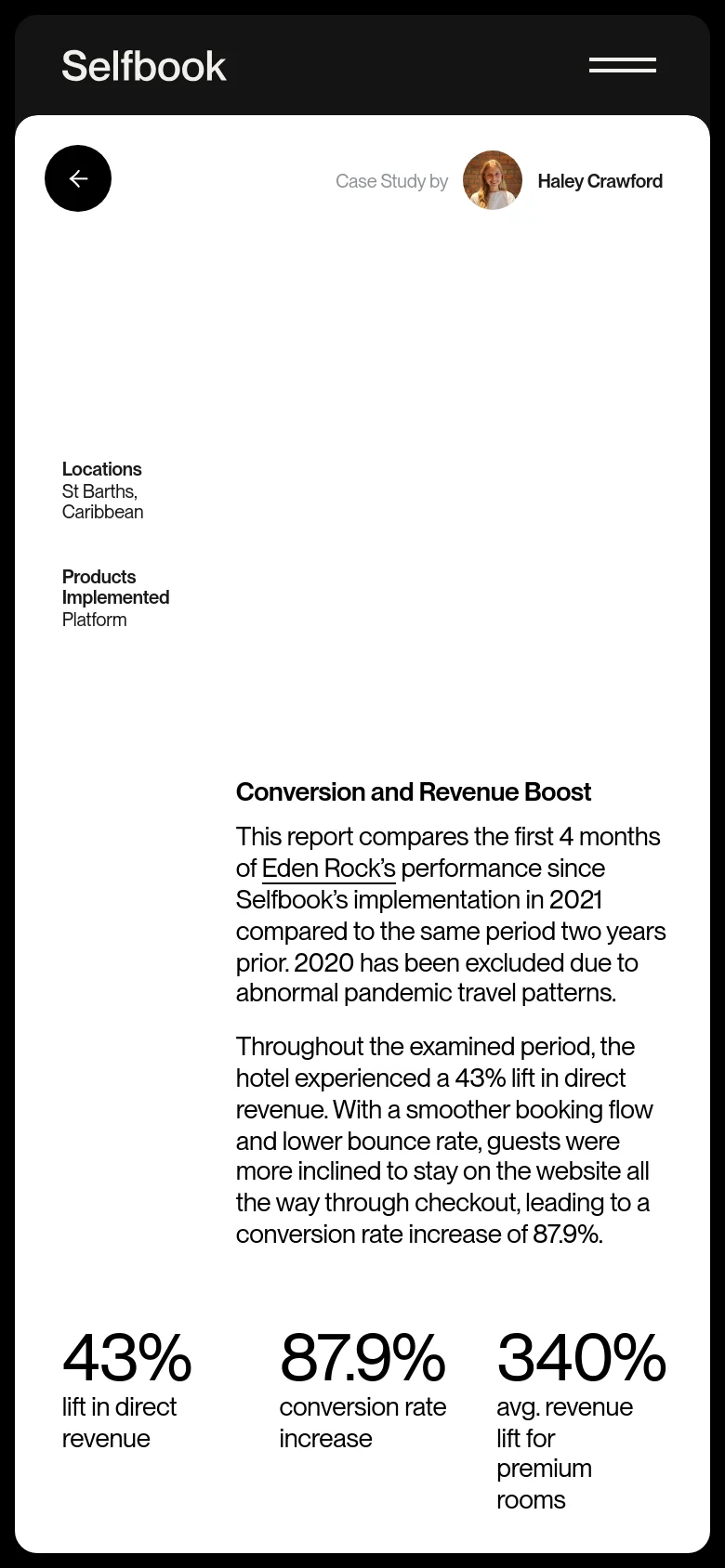 The mobile version presents a vertically stacked layout optimized for narrow screens, maintaining the white background and black header. The navigation is condensed into a hamburger menu, and the key performance metrics—43%, 87.9%, and 340%—are prominently displayed in large font at the bottom of the view for easy scrolling.