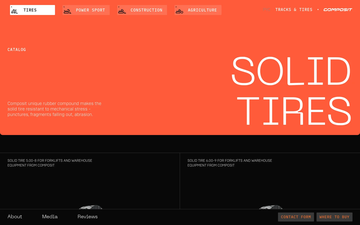 The desktop page features a bright orange hero section with the large white headline 'SOLID TIRES' and a brief description of the rubber compound. A navigation bar at the top includes categories like Power Sport, Construction, and Agriculture, while a product grid below displays various solid tire models with images and titles on a black background.