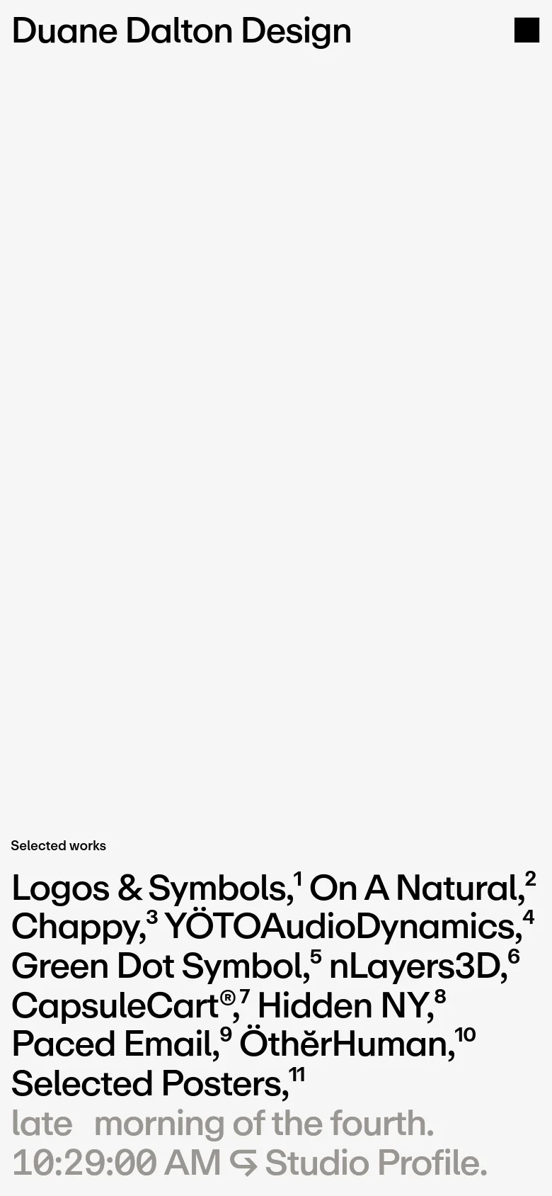 The mobile version maintains the minimalist aesthetic with a light gray background and black text. The layout is vertically stacked, placing the brand name at the top, followed by the 'Selected works' heading, a vertical list of project links, and the 'Studio Profile' link at the bottom.
