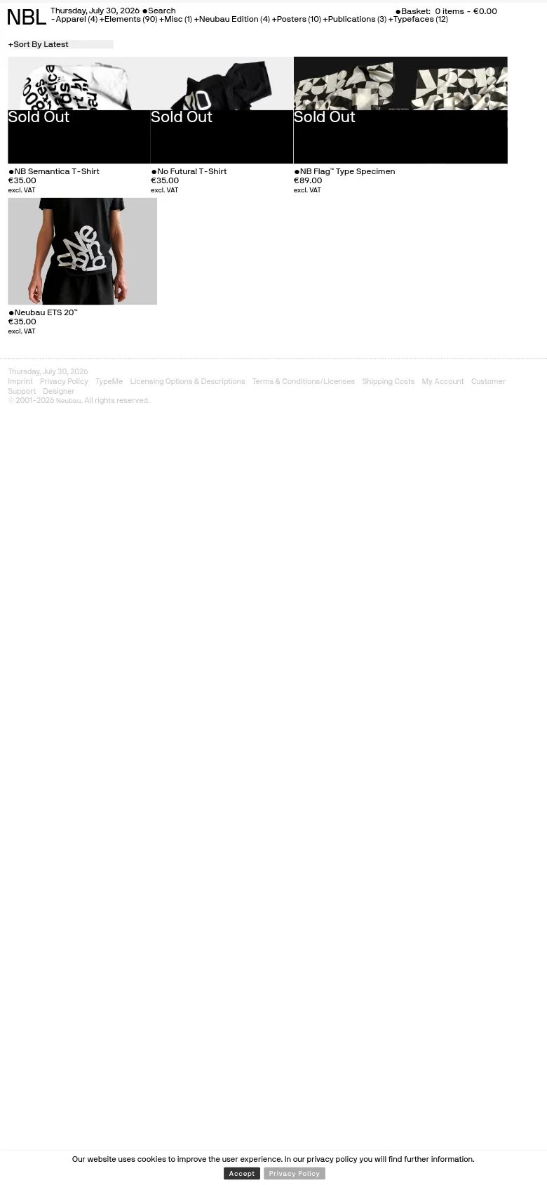 The mobile version maintains the minimalist aesthetic but stacks the product grid into a single column for easier scrolling. The header and footer links are condensed, and the cookie consent banner appears at the bottom of the screen.