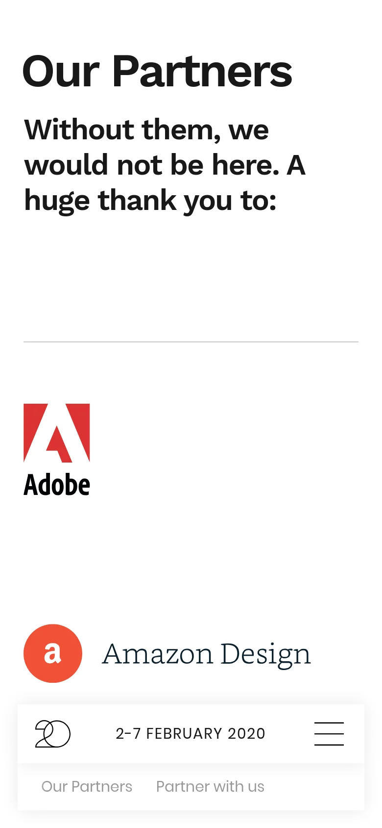 The mobile version maintains the white background and large black 'Our Partners' typography but uses a single-column layout for the content. The navigation bar is condensed into a hamburger menu icon on the right, and the partner logos, such as Adobe and Amazon Design, are stacked vertically for easier scrolling.