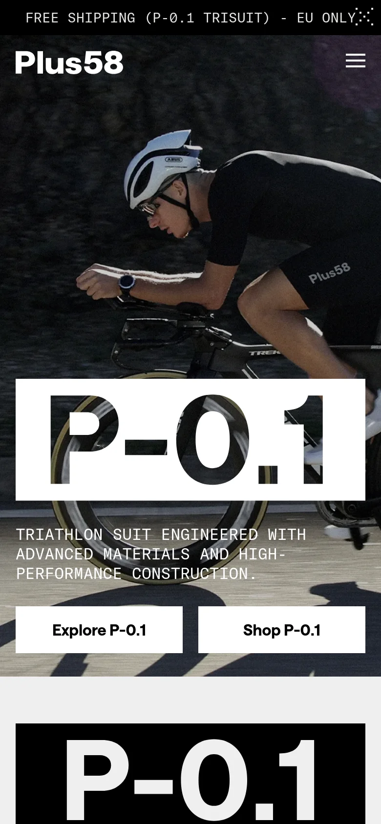 The mobile version presents a vertically oriented hero section with the same cinematic cyclist imagery and 'P-0.1' branding. The navigation menu is condensed into a hamburger icon in the top right, and the 'Explore P-0.1' and 'Shop P-0.1' buttons are stacked or resized to fit the narrower screen width. The overall dark color palette and high-contrast typography remain consistent with the desktop view.