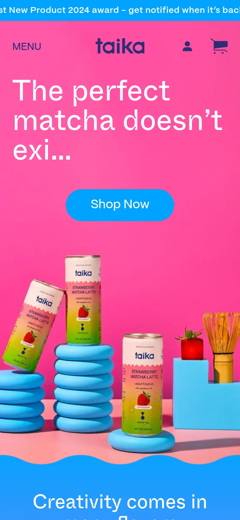 The mobile version uses a vertical layout with the same pink background and large white headline. The 'Shop Now' button is centered and larger for easy tapping, and the hero imagery of the stacked matcha cans is scaled to fit the narrow screen width. The navigation menu and icons are condensed at the top for a streamlined mobile experience.
