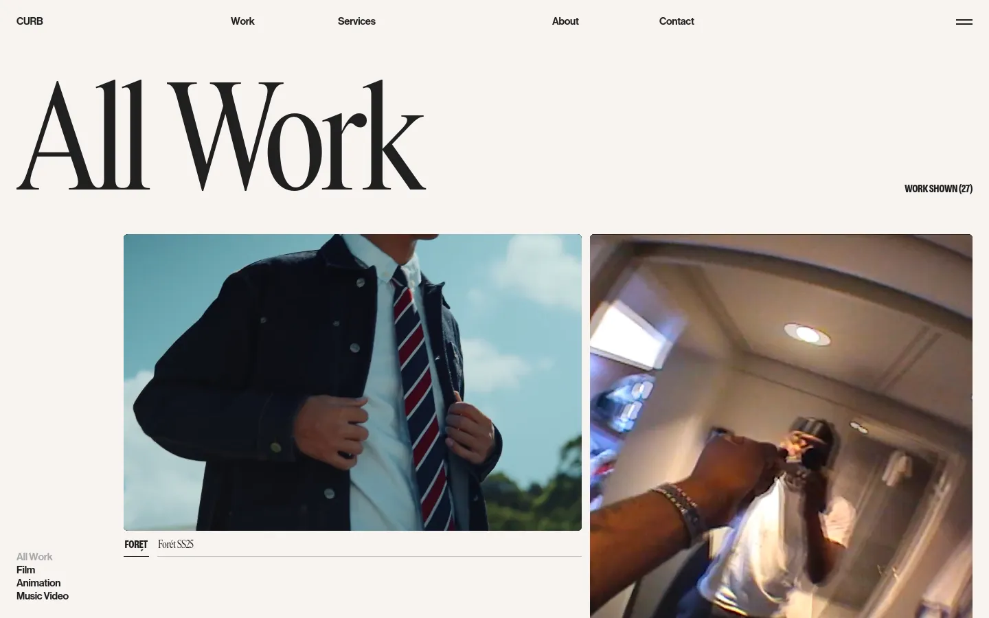 The desktop version of the CURB work portfolio features a minimalist white background with a large, serif 'All Work' headline. A horizontal navigation menu sits at the top, and a grid of large video thumbnails displays various projects with titles and categories listed below each image. A sidebar on the left allows users to filter work by Film, Animation, or Music Video.