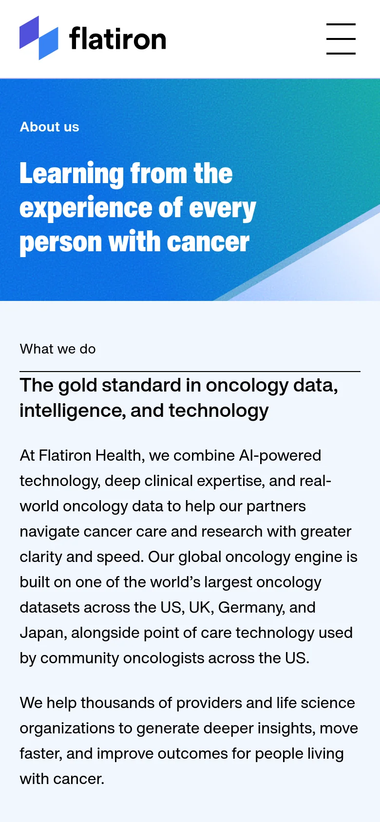 The mobile version shows a simplified layout with a blue gradient hero section and the main headline. The navigation bar is replaced by a hamburger menu icon next to the Flatiron logo, and the content below follows a single-column vertical stack for easier scrolling on small screens.