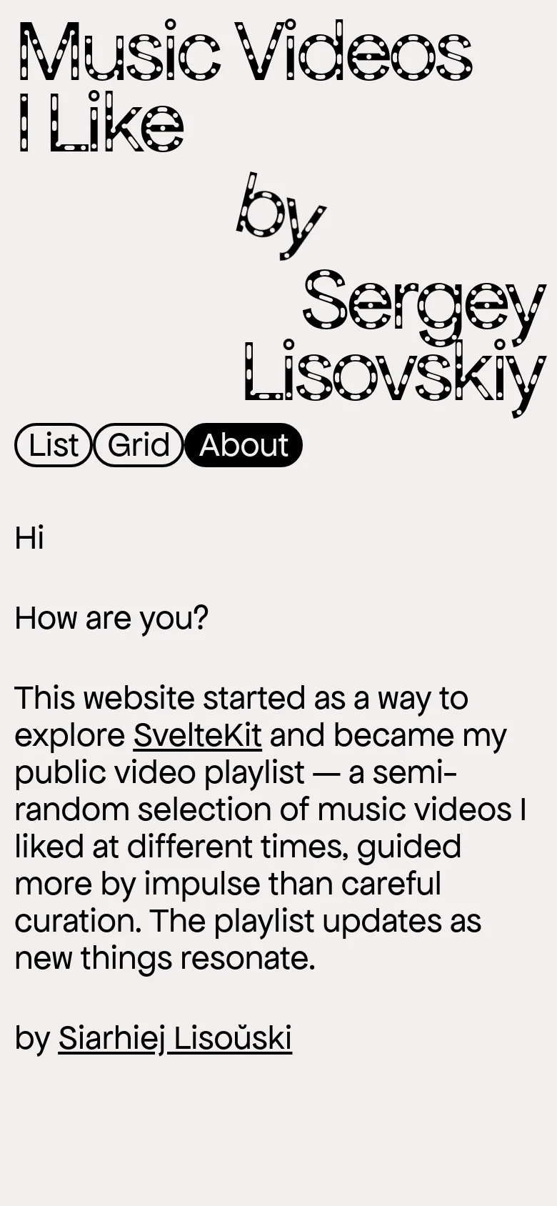 The mobile version maintains the minimalist white aesthetic but stacks the large, patterned header text vertically to fit the narrow screen. The navigation buttons and the body text are centered or left-aligned in a single column, providing a simplified vertical reading experience compared to the desktop layout.
