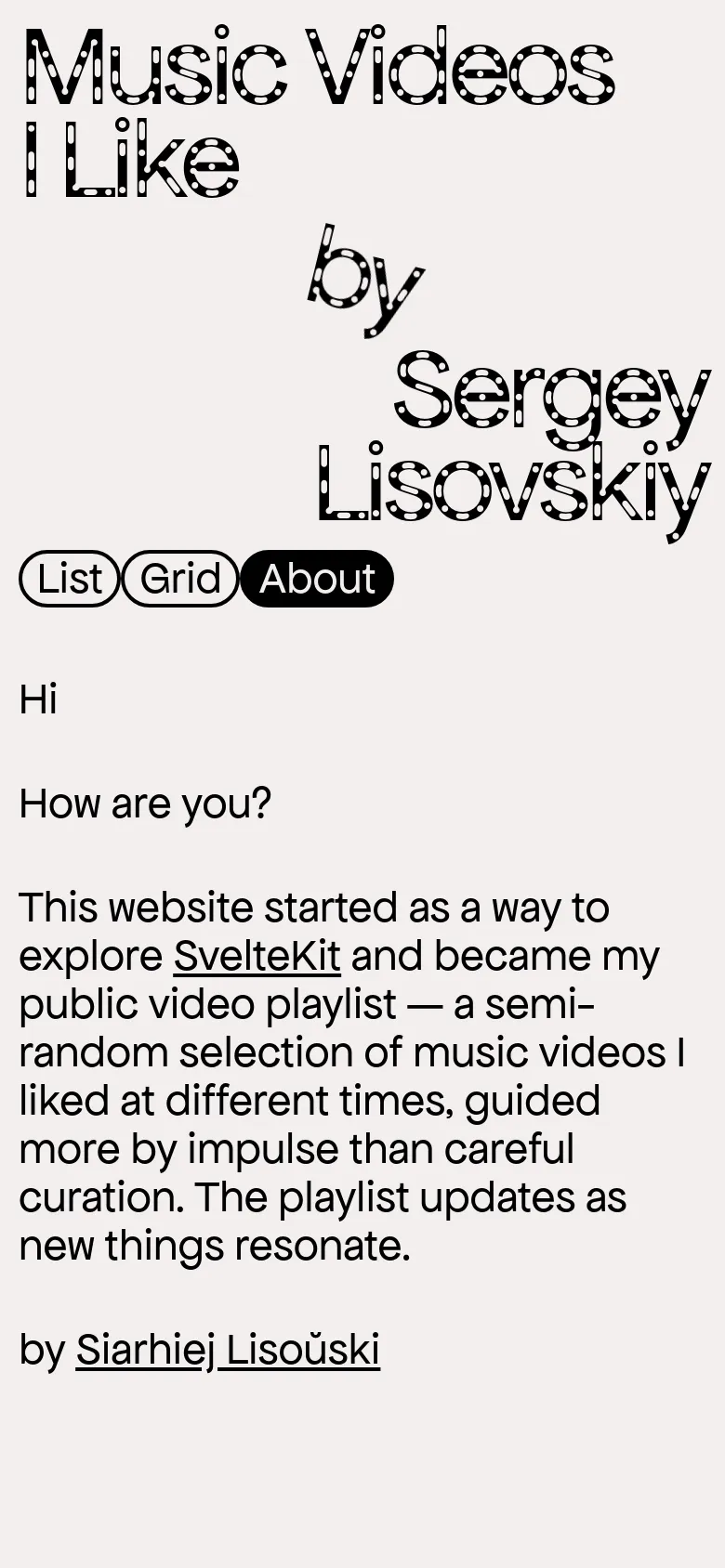 The mobile version maintains the minimalist white aesthetic but stacks the large, patterned header text vertically to fit the narrow screen. The navigation buttons and the body text are centered or left-aligned in a single column, providing a simplified vertical reading experience compared to the desktop layout.
