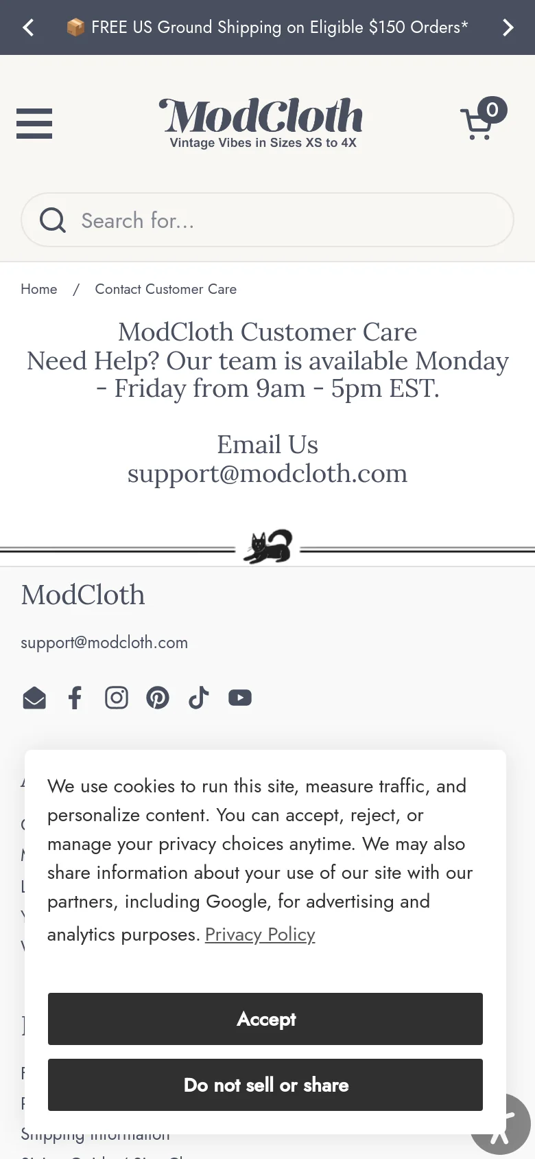 The mobile version presents a simplified vertical layout with a hamburger menu icon and a search bar at the top. The central content remains focused on the customer care message and email contact, but the multi-column footer is condensed into a single-column list. A cookie consent banner is visible at the bottom of the screen.