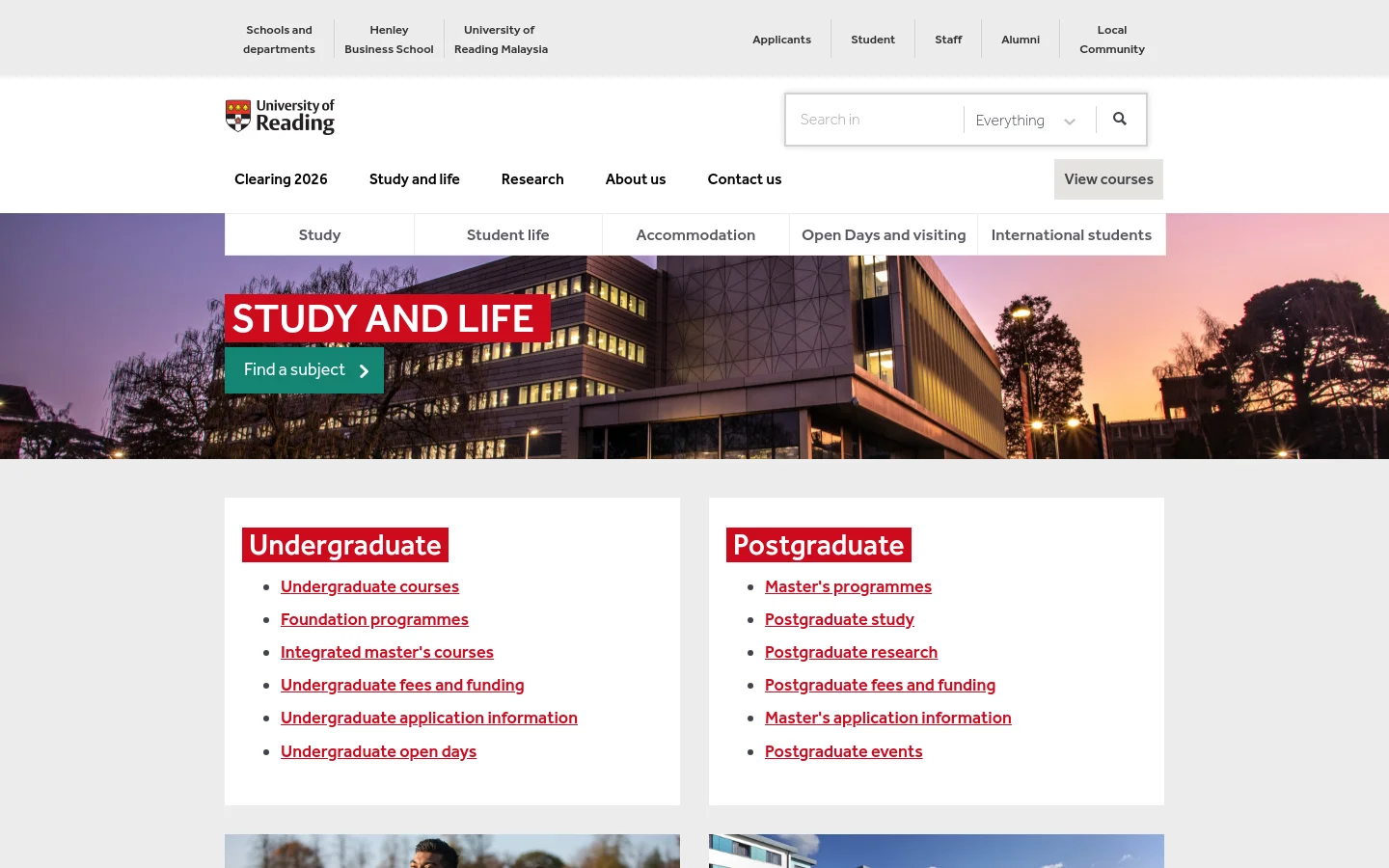 The desktop page features a large hero image of a modern university building at sunset with the headline 'STUDY AND LIFE' and a teal 'Find a subject' button. Below, two white cards with red-highlighted headings, 'Undergraduate' and 'Postgraduate', contain lists of links for courses, funding, and applications. The layout is clean with a white background and a top navigation bar containing the University of Reading logo and various menu links.