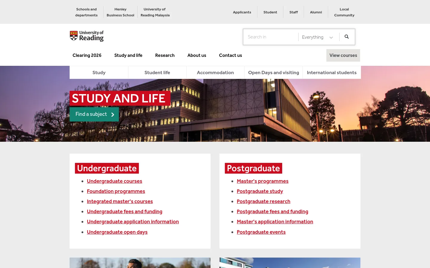 The desktop page features a large hero image of a modern university building at sunset with the headline 'STUDY AND LIFE' and a teal 'Find a subject' button. Below, two white cards with red-highlighted headings, 'Undergraduate' and 'Postgraduate', contain lists of links for courses, funding, and applications. The layout is clean with a white background and a top navigation bar containing the University of Reading logo and various menu links.