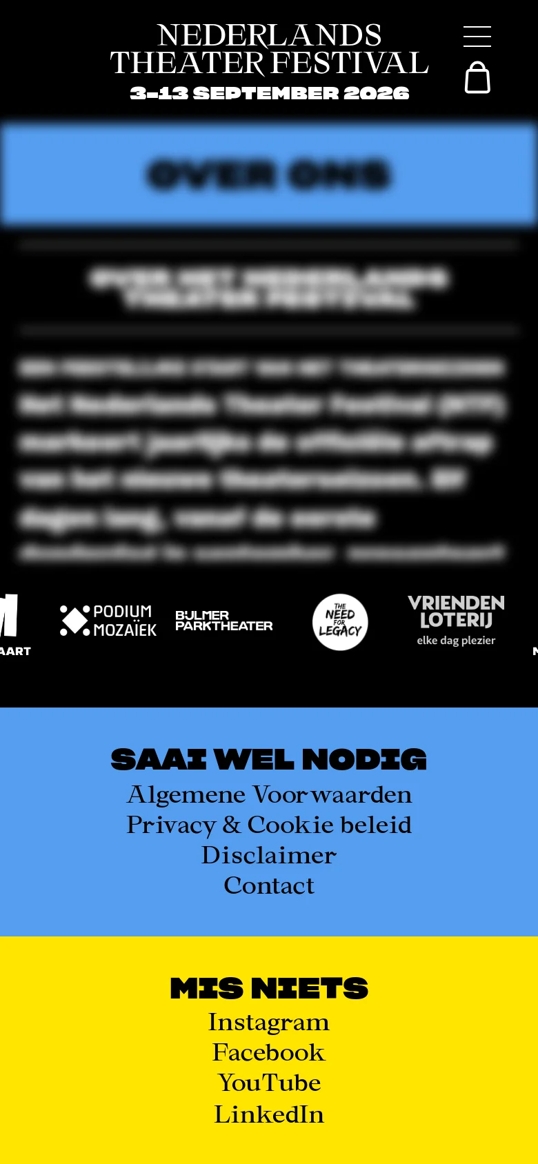 The mobile version maintains the dark theme and centered logo but stacks elements vertically for a narrow viewport. The blue 'OVER ONS' banner and text content occupy the full width, and the footer sections are vertically stacked, with the blue 'SAAI WEL NODIG' section appearing above the yellow 'MIS NIETS' section.