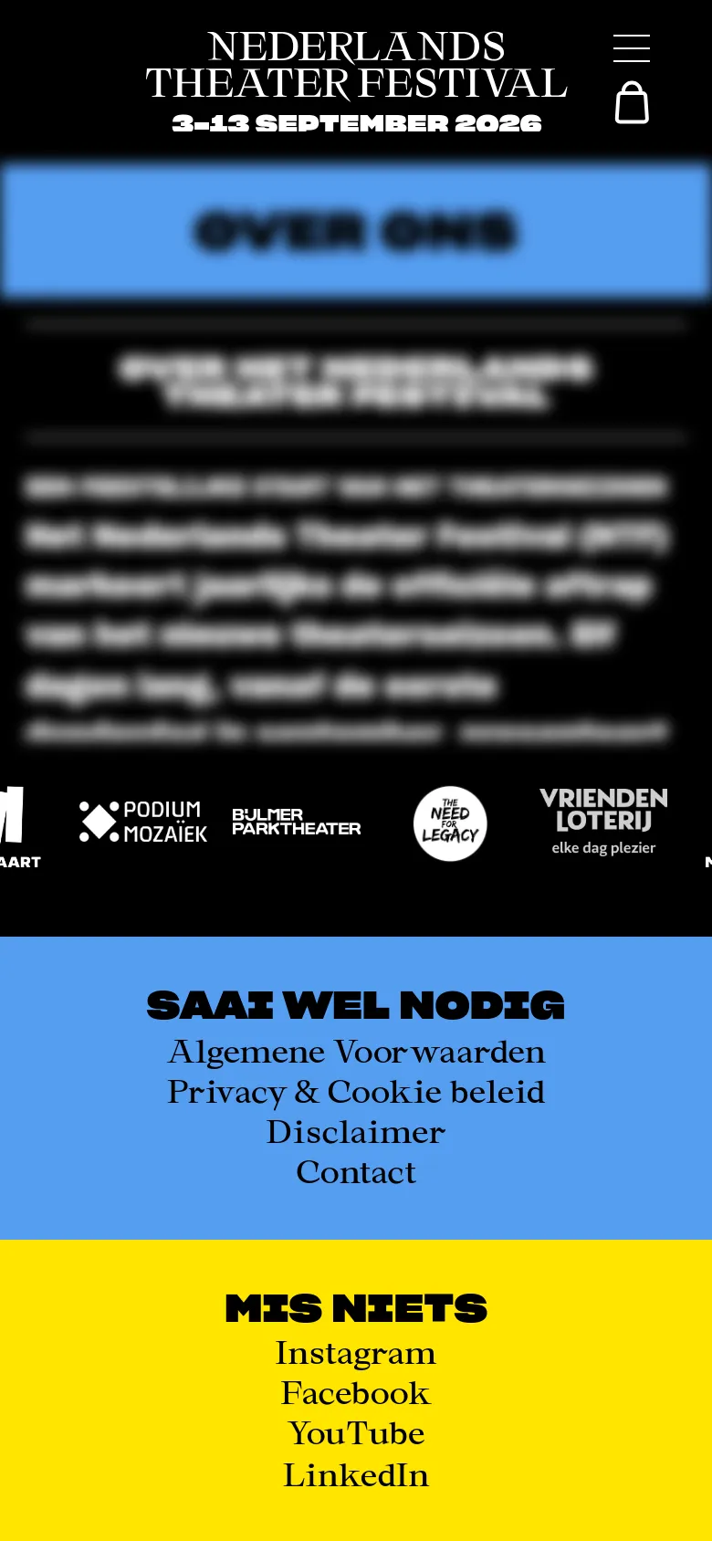 The mobile version maintains the dark theme and centered logo but stacks elements vertically for a narrow viewport. The blue 'OVER ONS' banner and text content occupy the full width, and the footer sections are vertically stacked, with the blue 'SAAI WEL NODIG' section appearing above the yellow 'MIS NIETS' section.