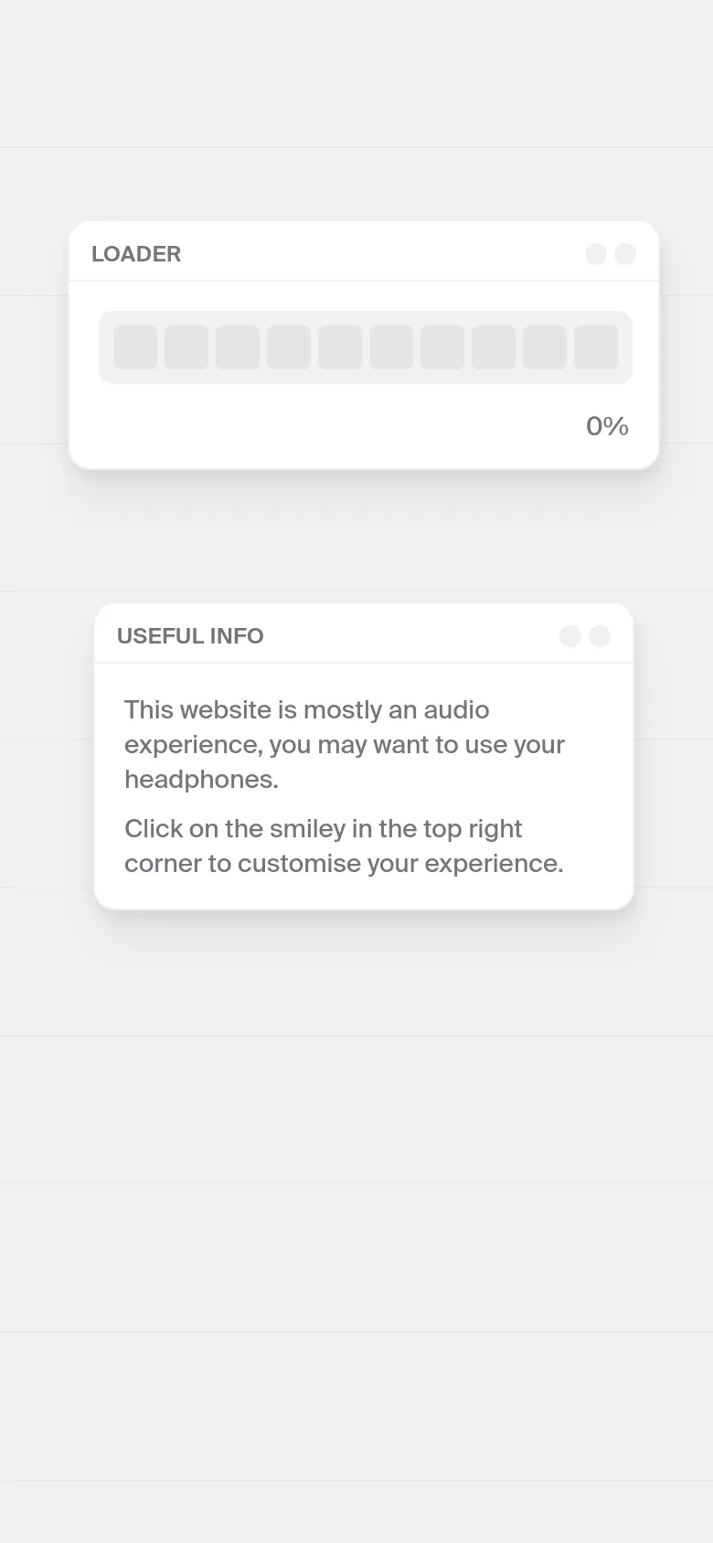 The mobile view simplifies the interface into a vertical stack of elements. The monthly links, loader, and informational windows are rearranged to fit a narrow screen, maintaining the light grey aesthetic and minimalist typography. The floating decorative notes and butterfly graphics are scaled down to fit the portrait orientation.