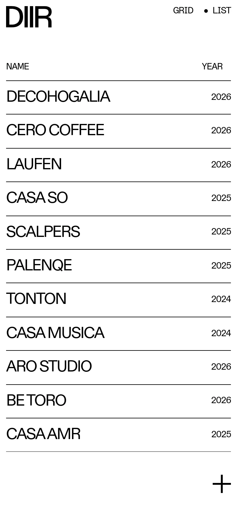 The mobile version displays a simplified, vertically stacked list of projects on a white background. The header contains the DIIR logo and options for Grid or List views, while the project list focuses primarily on the project Name and Year. A large plus icon is located at the bottom right for additional content or navigation.