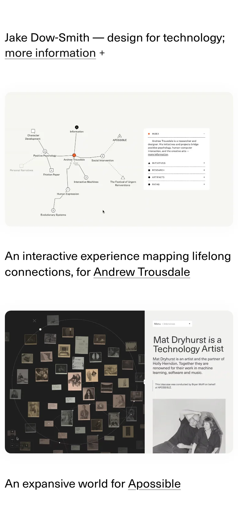 The mobile version presents a simplified vertical layout optimized for small screens. The hero section stacks the interactive diagram and the information panel vertically, while the project grid below transitions into a single-column scrollable list of large image previews and text descriptions.