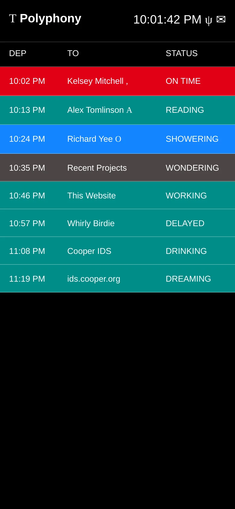 The mobile version simplifies the layout into a three-column table with 'DEP', 'TO', and 'STATUS' headers. The colorful rows are stacked vertically to fit the narrow screen, maintaining the dark background and high-contrast text aesthetic.