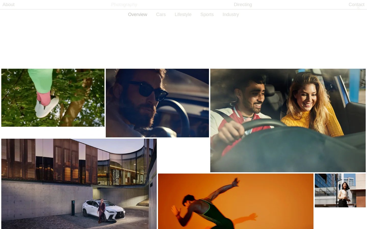 The photography portfolio page features a minimalist white header with navigation links for About, Photography, Directing, and Contact. Below the header, a secondary sub-navigation menu offers categories like Overview, Cars, Lifestyle, Sports, and Industry. The main body consists of a dynamic masonry-style grid of high-quality professional photographs showcasing cars, lifestyle, and sports subjects.