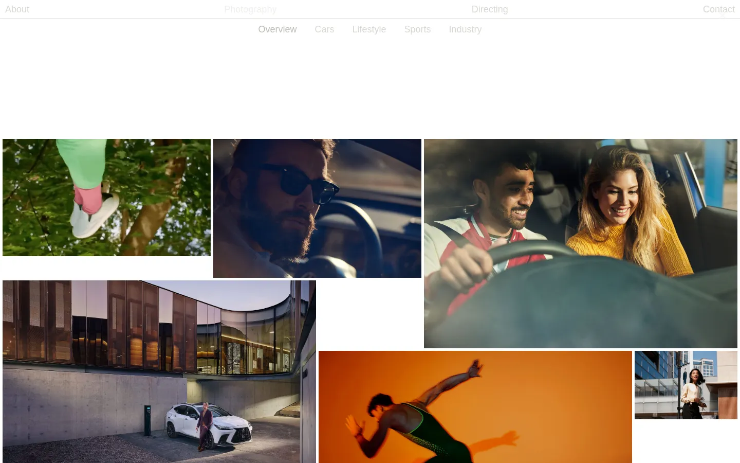 The photography portfolio page features a minimalist white header with navigation links for About, Photography, Directing, and Contact. Below the header, a secondary sub-navigation menu offers categories like Overview, Cars, Lifestyle, Sports, and Industry. The main body consists of a dynamic masonry-style grid of high-quality professional photographs showcasing cars, lifestyle, and sports subjects.