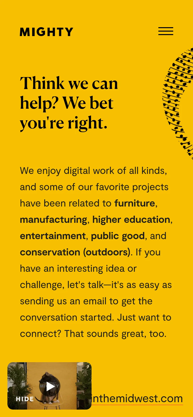 The mobile version maintains the bright yellow theme and large headline but uses a hamburger menu for navigation. The layout is vertically stacked, placing the main heading and descriptive text above the contact information and the video thumbnail, which spans the width of the screen at the bottom.
