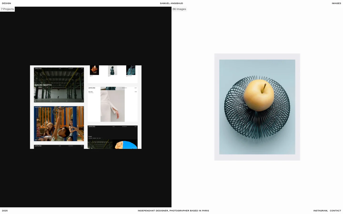 A minimalist portfolio homepage with a white background and black typography. The layout features two large side-by-side sections: a dark left section showcasing design projects with the text '7 Projects' and a light right section showcasing photography with an image of an apple in a wire bowl and the text '36 Images'. Navigation links for Design, Images, Instagram, and Contact are placed at the top and bottom corners.