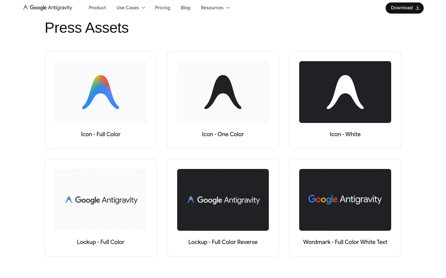 The desktop Press Assets page features a clean, white layout with a top navigation bar containing the Google Antigravity logo and links for Product, Use Cases, Pricing, Blog, and Resources. A grid of six large white cards displays various brand assets, including colorful and monochrome icons and wordmarks, each labeled with text below the image. The primary call to action is a black 'Download' button in the top right corner.